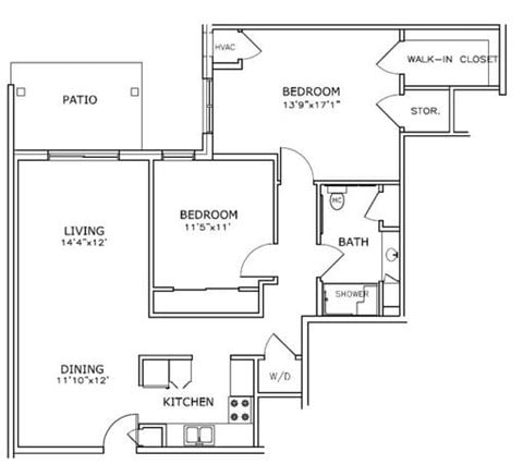Floor plan for 2 beds, 1 bath, 1039 sqft